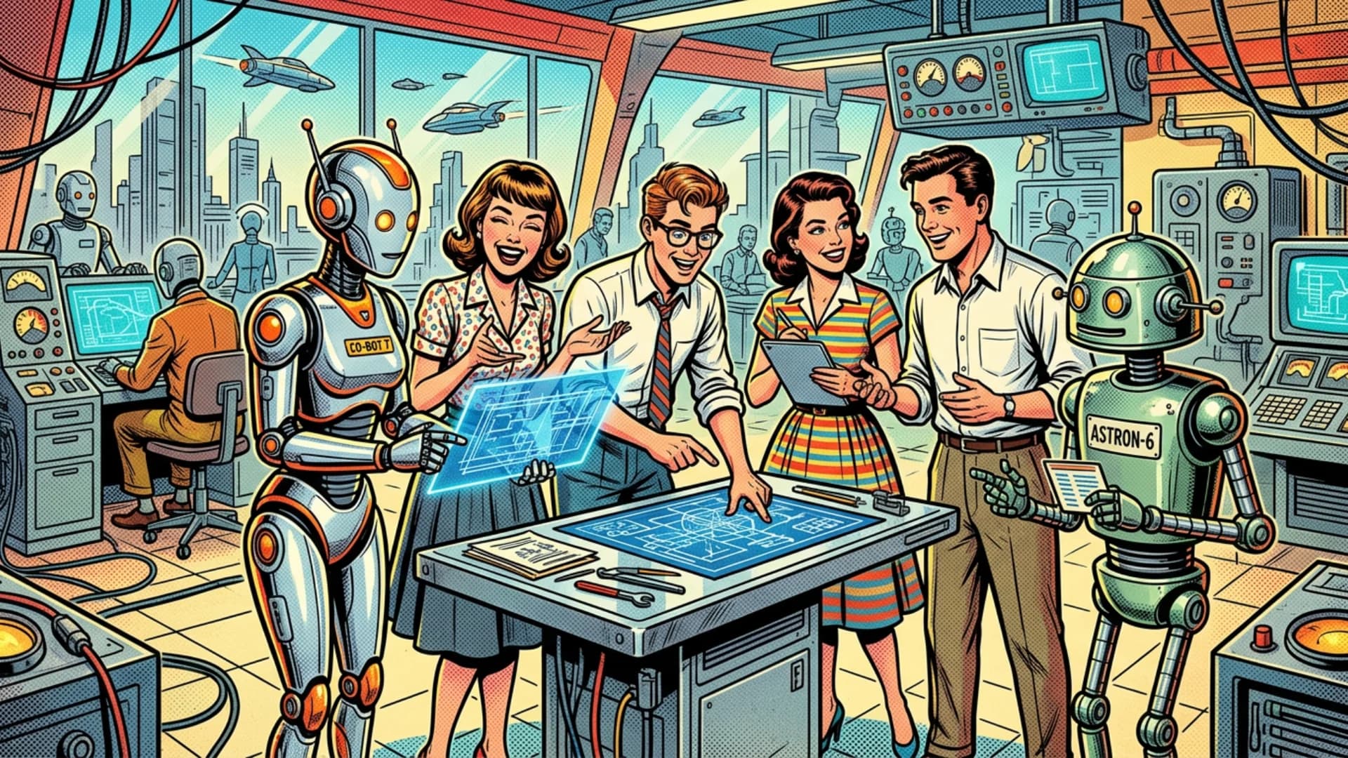 KI-generiertes Team-Bürobild im 50er-Jahre-Comicstil